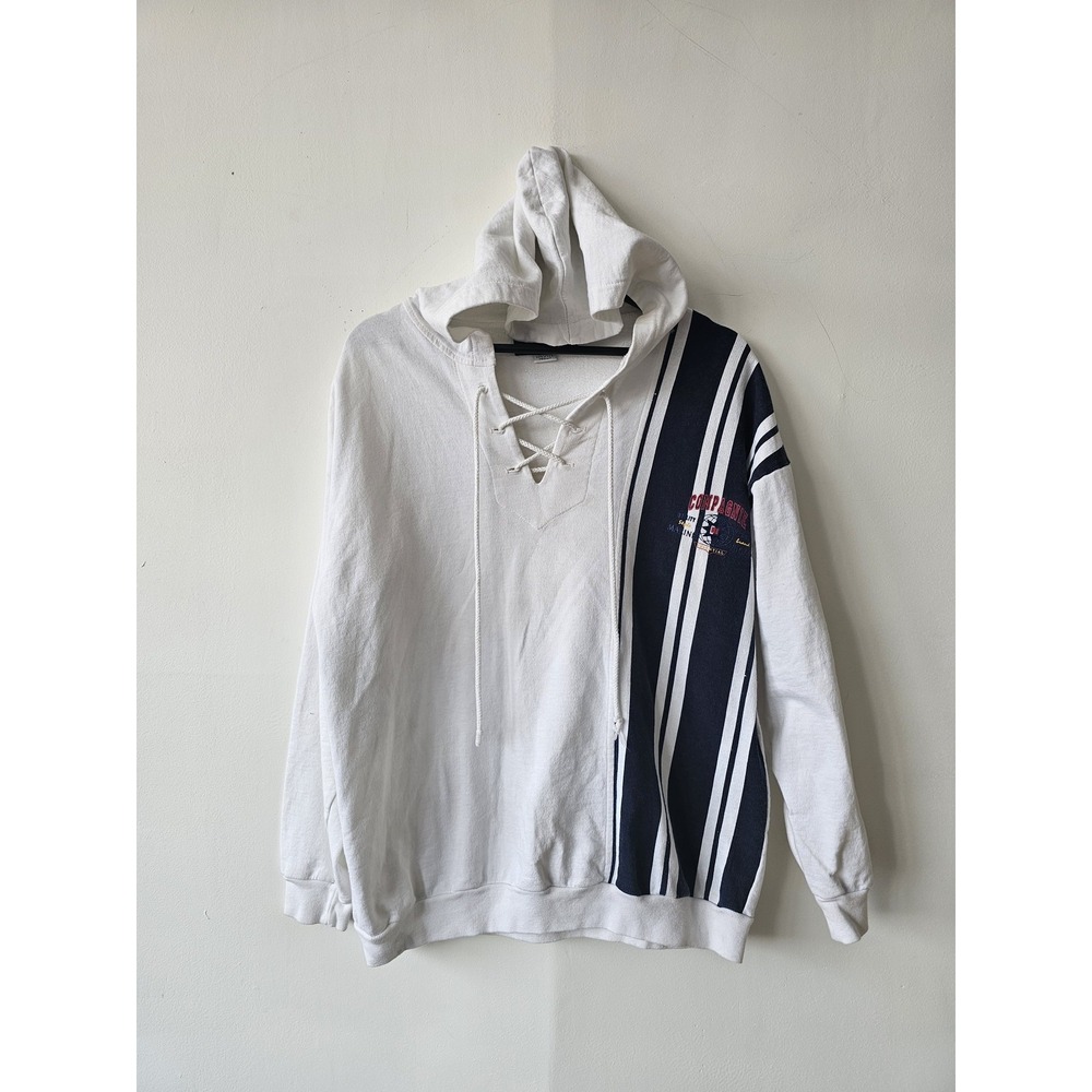 Vintage Active Elements Hoodie Mens Medium White‎ Navy Lace Up Pullover 90s USA